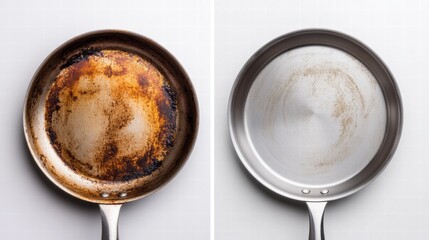Poster - Before and after comparison of a cleaned stainless steel frying pan showing effective cleaning techniques. Generative AI