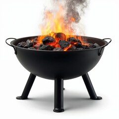 black fire pit with burning charcoal isolated on white background. rising smoke and orange flames. c