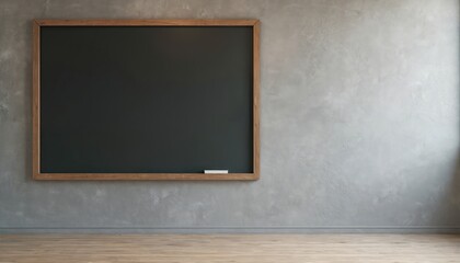 Poster - Blank chalkboard with wooden frame on grey wall. Empty black board for advertising, marketing. Chalkboard background stuck to wall. School, educational or business concept. Grunge, billboard texture.