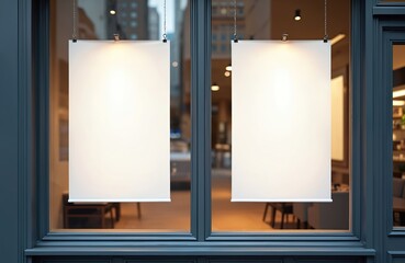 Leinwandbilder - Two blank posters hang in store window. Mockup template of promotional banner in office. Space for advertising. Empty white paper sheet for sign, billboard, display. Frame board. Place message.