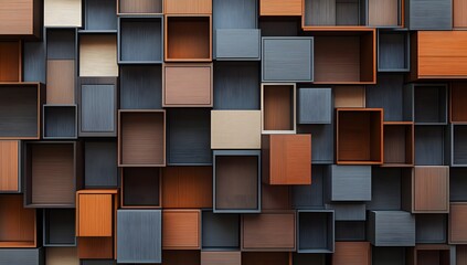 Poster - Abstract wooden box wall design, interior display, colorful, modern, 3D rendering