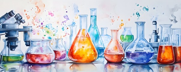 Poster - Colorful lab glassware experiment, science lab background