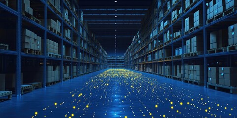 Poster - Dark Blue Warehouse Interior with Glowing Particles