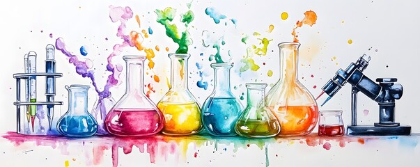Poster - Colorful Lab Experiment with Flasks and Microscope