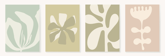 Aufkleber - Set of abstract foliage poster vector. Leaves, flower, organic shapes, earth tone colors, leaf branch. Illustration design for Eco packaging, interior, cover, wall art, wallpaper.