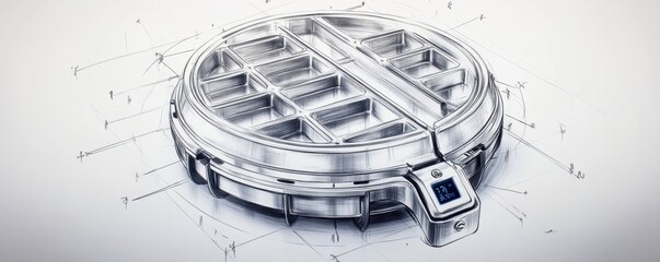 Poster - Technical sketch of industrial circular machinery design with intricate details