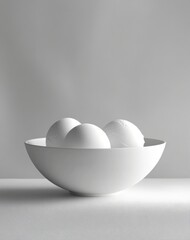 Poster - Minimalistic White Bowl with Three Smooth, Round Eggs on a Soft Gray Background for Modern Culinary and Home Decor Inspiration