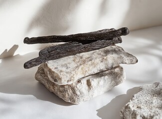 Poster - Natural textures of stacked stones with dark sticks arranged on top, highlighting earthy tones and minimalist design aesthetics in a serene environment