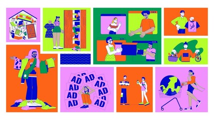 Poster - Sustainable fast fashion and overconsumption animated bento grid layout. Conscious consumerism. Online commerce, marketing ads 2D animation flat cartoon ui collage. 4K video motion graphic collection