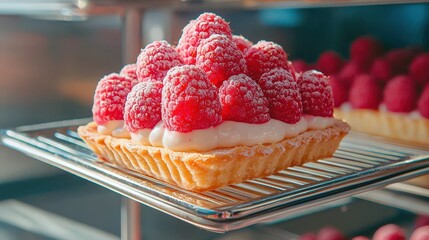 Wall Mural - Raspberry Tart Displayed on Rack in Bakery Case, Close-Up, Delicious Dessert