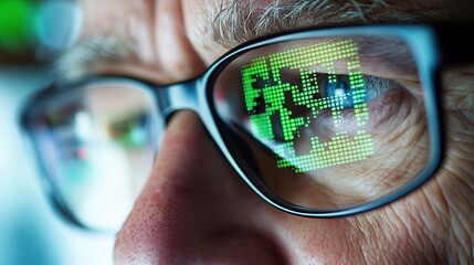 Poster - Close-Up of Man's Face with Glasses Showing Digital Stock Market Data Background, 8k image