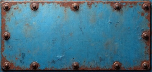 Aufkleber - Weathered blue metal plate with rust around rivets adds distressed industrial touch to design projects. Rustic textured metallic surface is worn, vintage, damaged, ideal as abstract retro background.