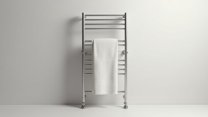 Poster - Towel Warmer. Towel rack is leaning against wall with towel on it