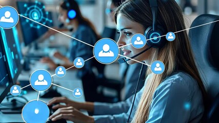 Poster - Network of connections and data processing in a modern workspace with a focus on communication technologies, network of connections and data processing over globe
