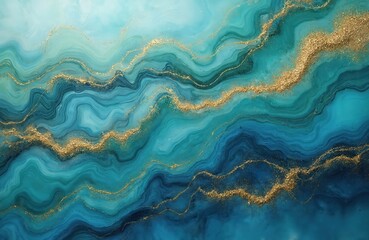 Poster - Abstract background with blue, green and gold glitter. Marble texture with alcohol ink colors. Ripples and waves mix luxury and depth for elegant design projects.