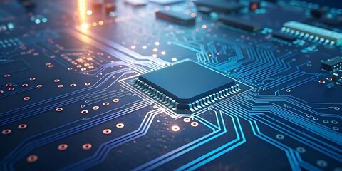 Fototapete - Close up of a computer microchip on a circuit board.