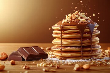 Poster - Stack of fluffy pancakes topped with melted chocolate and chopped nuts in a warm setting. Generative AI