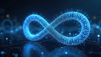 Aufkleber - Infinite symbol made from glowing blue data points, lines. Digital art representation on dark blue background. Concept of infinity, eternity, data flow, blockchain, technology, future, digital
