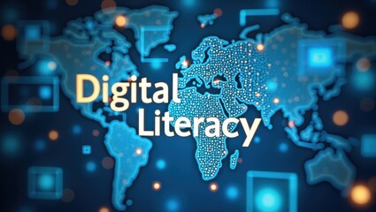 Poster - Digital Literacy. Words digital literacy are displayed on digital map