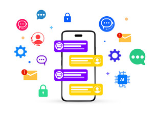 Poster - AI Chatbot messages and help concept design with floating shapes around the smartphone, background. Robot, chatbot, ai, help, contact, talking