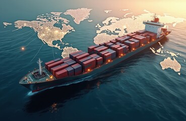 Aufkleber - Cargo ship transports containers against world map background. Maritime vessel sails ocean. Worldwide global logistic transport, international trade, import export distribution, freight delivery,