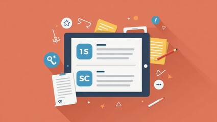 Poster - Glasp. Tablet is sitting on table with lot of papers and pencils