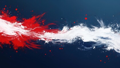 Poster - Brush stroke pattern on navy blue background. Grunge red, white splash with vintage stain. Rustic distress, sporty visual art, paint splatter. Textile, fabric artistic decoration wallpaper design.