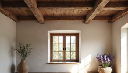 Poster - Rustic interior features dark wooden beams against white plaster, combining farmhouse charm, cozy inviting aesthetic. Sunlight through window. Lavender in wicker basket, vase with plants on sides