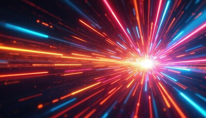 Poster - Abstract neon light rays in dynamic speed burst. Orange, red, blue colors. Futuristic lines, vibrant spectrum, modern technology, gradient design, intense electric power, fast effect, burst shine,