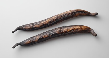 Poster - Two long, dark brown and black charred wooden sticks arranged elegantly on a light background, showcasing a unique texture and shape suitable for various uses