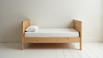 Poster - montessori bed. bed is made of wood and has white sheet on it