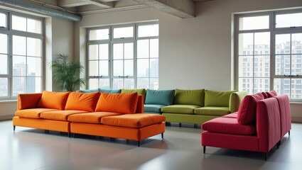 Poster - modular furniture. couches are all different colors and sizes in room