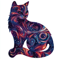 Wall Mural - cosmic cat: a stylized depiction of a regal cat, its form intricately filled with swirling nebulae, 