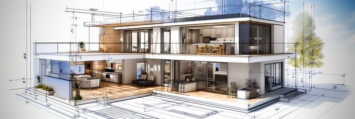 Poster - vision of architecture of a 3d model house project with blueprint