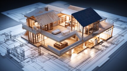 Poster - vision of architecture of a 3d model house project with blueprint