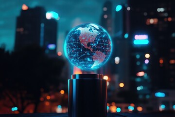 Poster - Holographic Earth Globe in Futuristic Cityscape