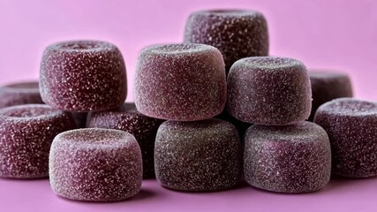 Poster - Pile of purple gummy bears. The image has a playful and fun mood. The gummy bears are piled on top of each other, creating a visually appealing and colorful display