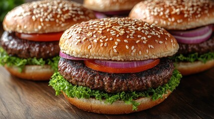 Wall Mural - Deliciously stacked burgers with fresh lettuce, tomato, and onion on a rustic wooden table