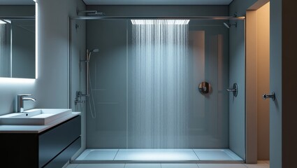 Poster - Smart Shower. Shower is flowing into bathroom with sink and mirror