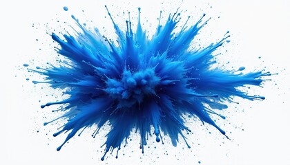 Poster - Vivid blue explosion on white background energetic motion, intricate liquid splashes. Abstract design element with ink, powder burst. Dynamic fume splatter for creative projects, vibrant color image.
