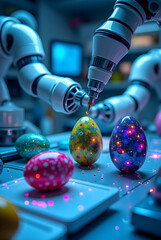 Poster - a combination of Easter and technology, A robotic hand delicately holds a glowing, intricately patterned egg above a luminous platform, in a futuristic laboratory setting