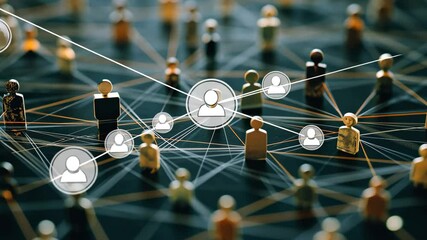 Poster - Global network of connections portrayed through icons symbolizing interactions and relationships, network of connections with icons over globe