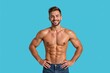 © Nina - Young Caucasian Male Fitness Model with Muscular Build and Defined Abs Posing Against a Bright Blue Background