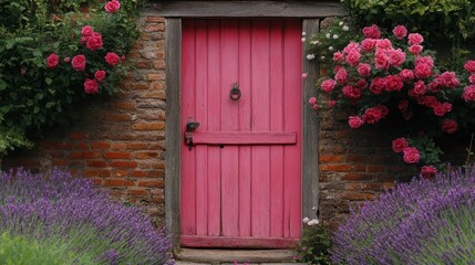 Poster - Pink door in brick wall, framed by roses and lavender.