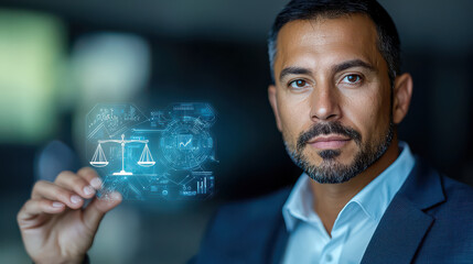 Poster - businessman holding futuristic digital interface with justice scale icon, symbolizing technology in law. image conveys innovation and modern legal solutions