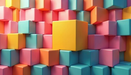 Fototapete - Colorful wall of cubes with yellow, pink block in middle. Abstract design with modern geometric shapes. Creative graphic three-dimensional structure with digital bright colors and textures.