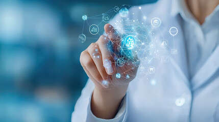 Aufkleber - person in lab coat interacts with digital interface displaying holographic brain, symbolizing advanced technology in healthcare