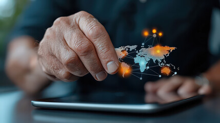 Leinwandbilder - hand interacts with digital world map on tablet, symbolizing global connectivity and futuristic business technology. glowing points highlight international networks and data exchange