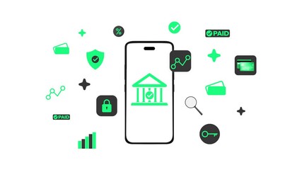 Poster - Digital mobile banking concept 4k animation with green floating shapes around the smartphone screen