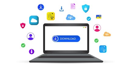 Poster - Downloading button on the laptop screen 4k animation, cloud, secure download concept, user, files, data, internet, online downloading concept design